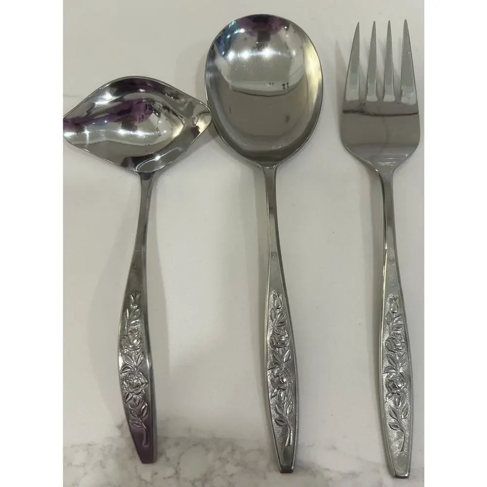 Eldan ELD18 Set of 3 Serving Pieces MAY ROSE Textured Roses Stainless Vtg MCM